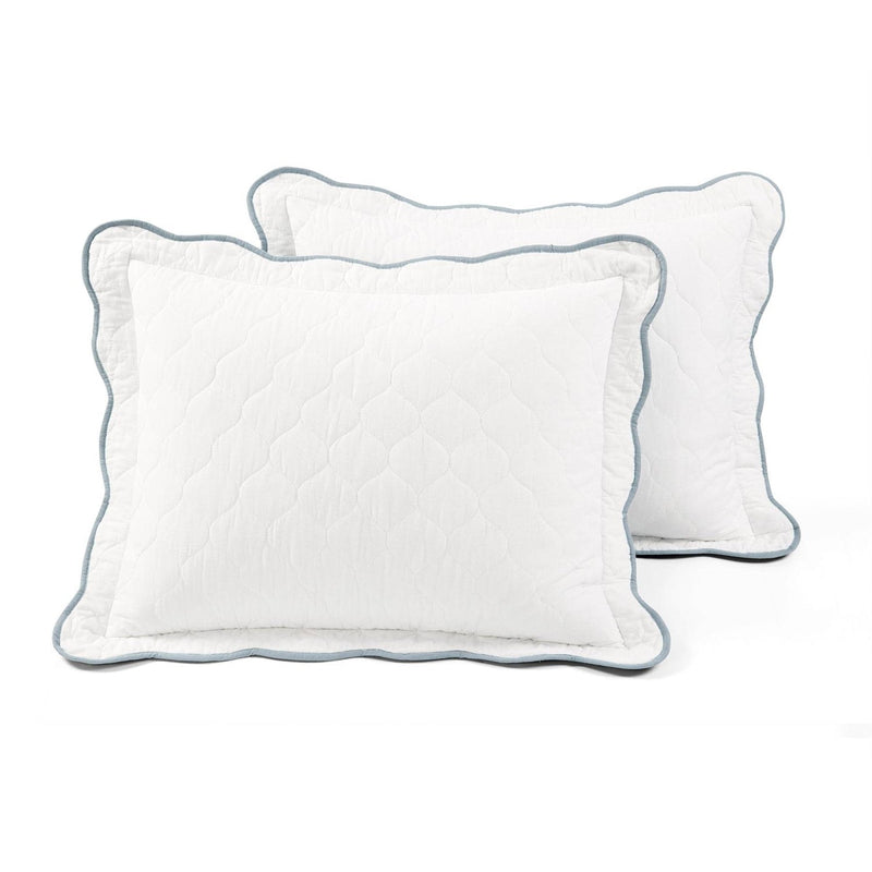 King/Cal King White Blue Scalloped Edge Reversible Thin Light Quilt Set