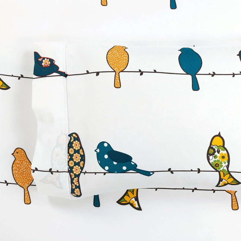 King Teal Yellow White Floral Birds on Wire Soft Polyester 6 Piece Sheet Set