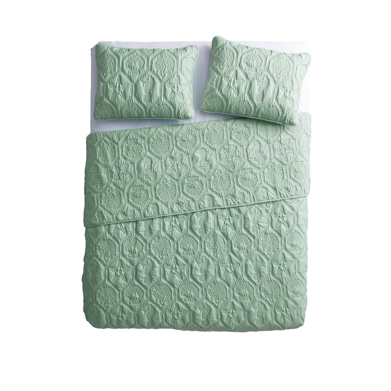 King Coastal Beach Starfish Seashell Seahorse Light Green Teal Quilt Set