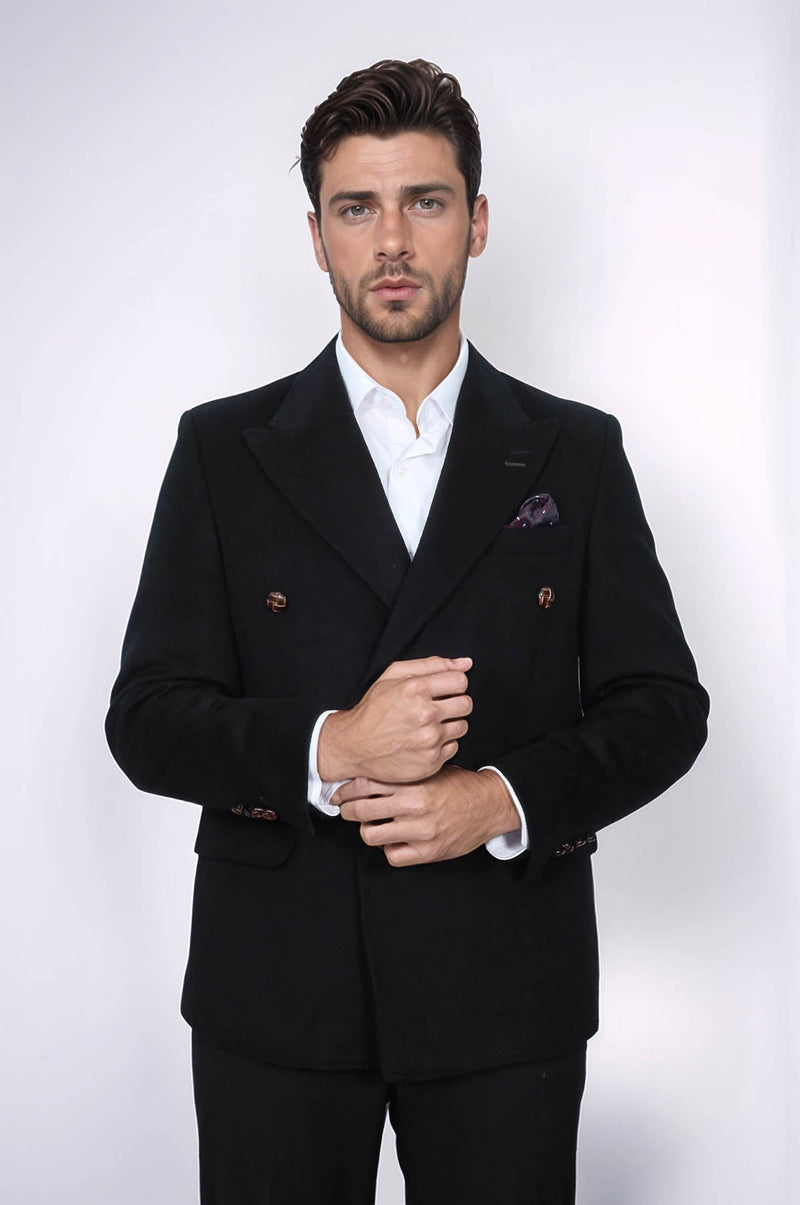 Mens Double Breasted Slim Fit Black Blazer - Wessi