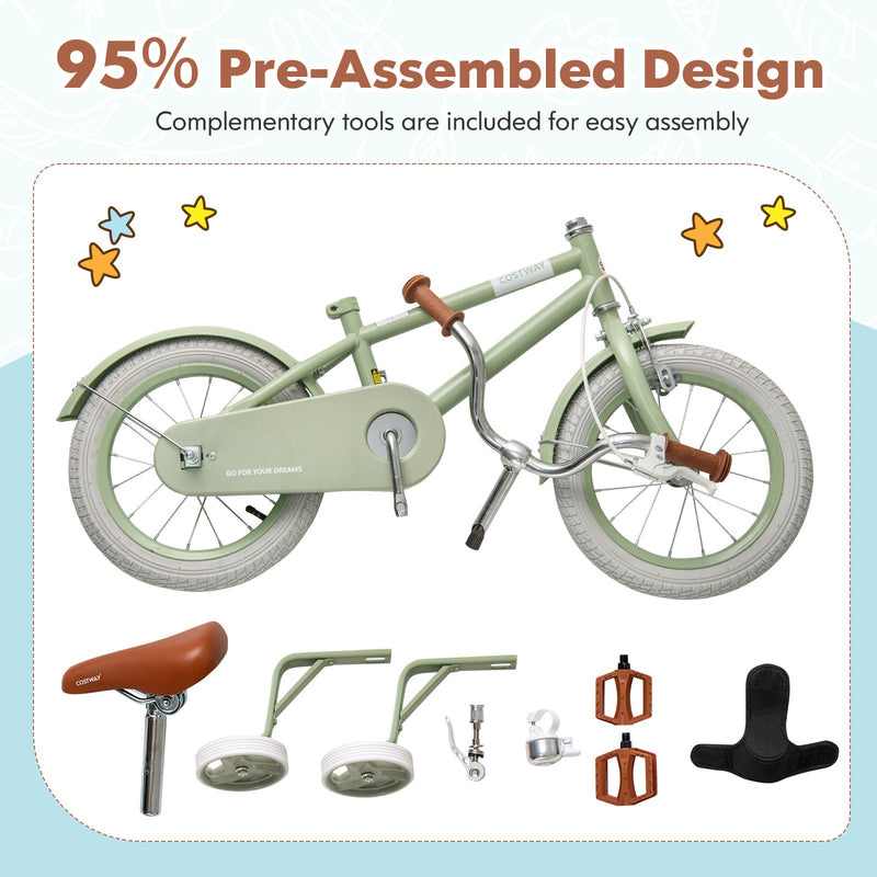 Kids Bike with Adjustable Handlebar and Saddle Green-14 Inches