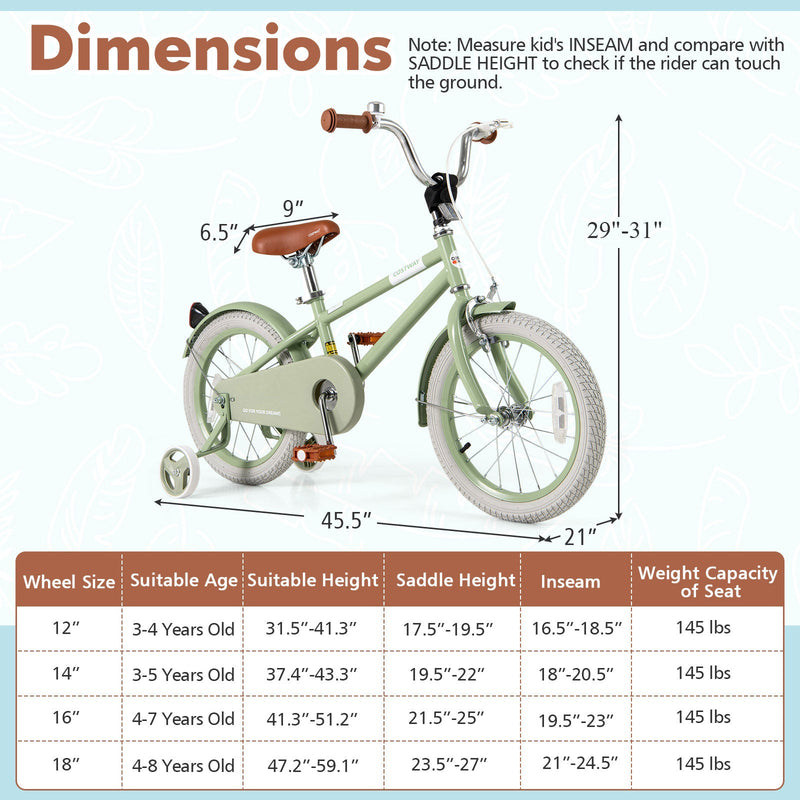 Kids Bike with Adjustable Handlebar and Saddle Green-16 Inches