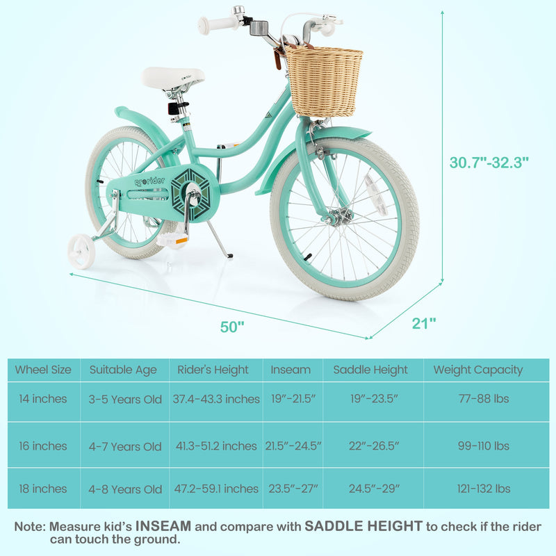 18-Inch Kids Bike with Training Wheels and Adjustable Handlebar Seat-Green
