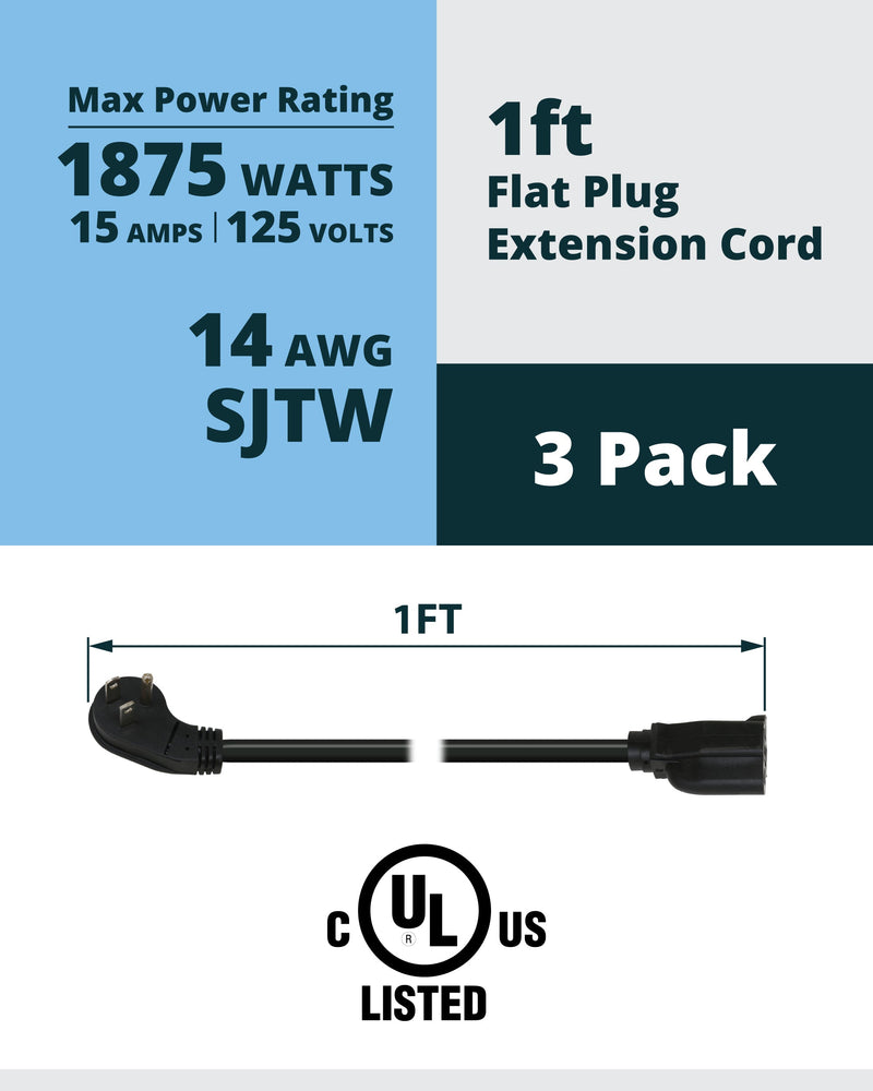 1ft Flat Plug Extension Cord – 14AWG, 3-Pack