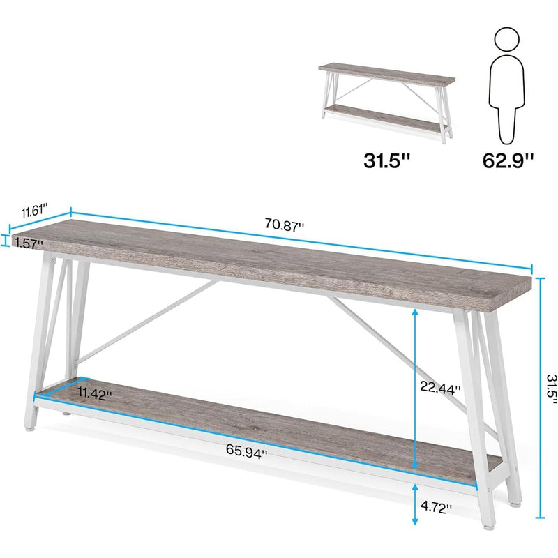 Heavy Duty 70-inch Industrial Grey Wood Top Sofa Table with White Metal Frame