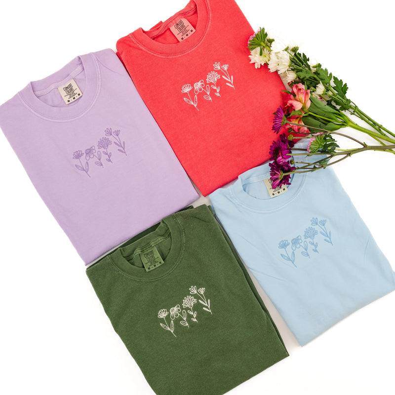 Embroidered Comfort Colors Tee - Spring Flowers
