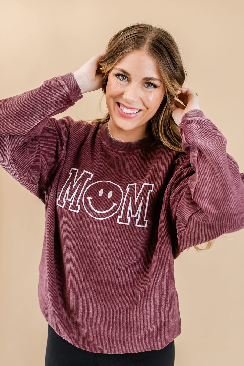 Embroidered CORDED Sweatshirt - Maroon - Mom (Smiley)
