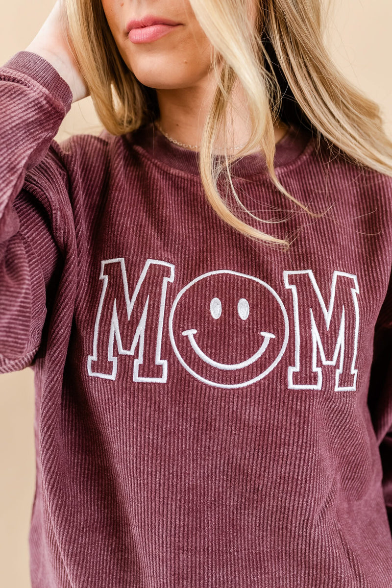 Embroidered CORDED Sweatshirt - Maroon - Mom (Smiley)