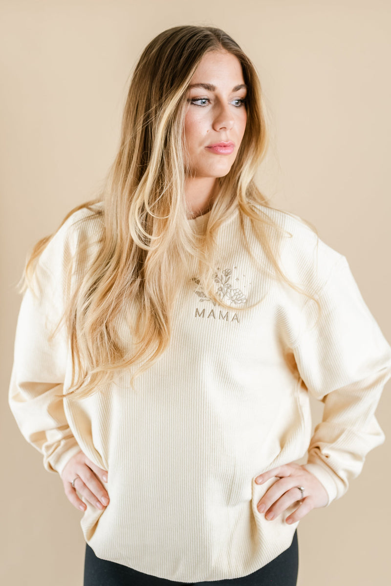 Embroidered Cream Corded Sweatshirt - Mama (Bouquet)