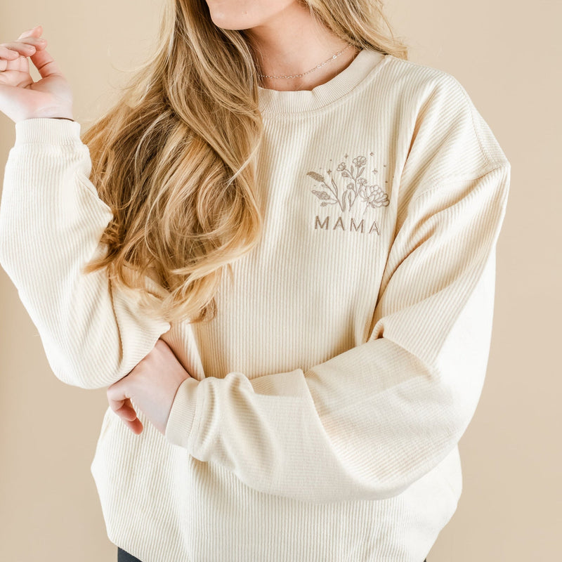 Embroidered Cream Corded Sweatshirt - Mama (Bouquet)