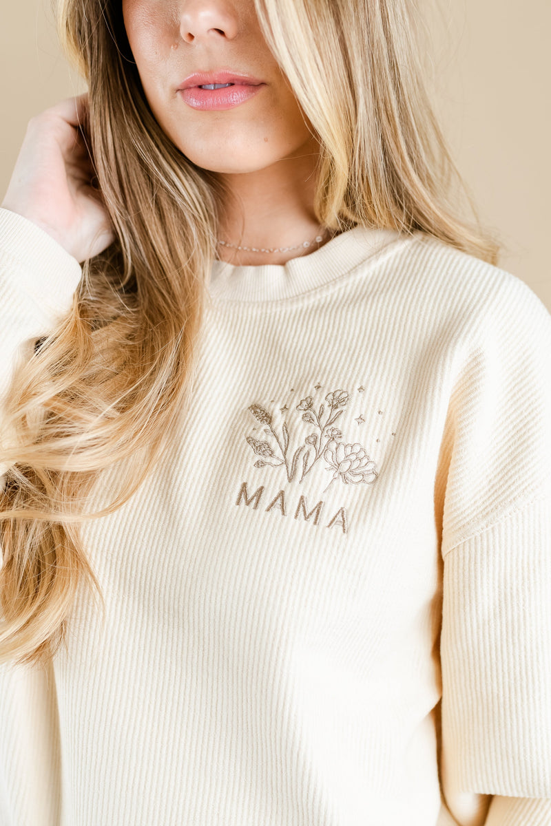 Embroidered Cream Corded Sweatshirt - Mama (Bouquet)