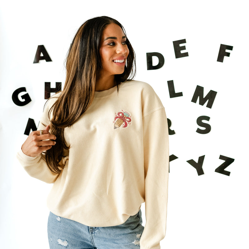Embroidered Corded Sweatshirt - Pencil With Bow