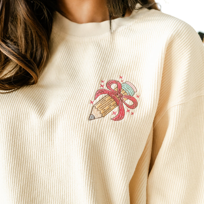 Embroidered Corded Sweatshirt - Pencil With Bow