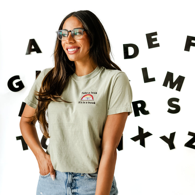 Embroidered Comfort Colors Tee - Take a Look, It's In a Book - Reading Rainbow