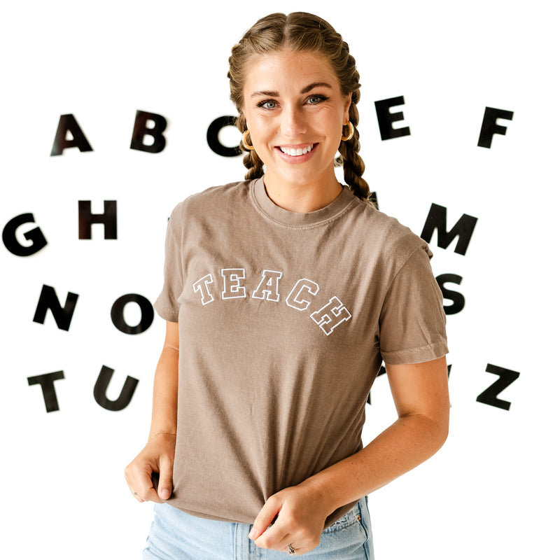 Embroidered Comfort Colors Tee - Teach - (Varsity Outline w/ White Thread)