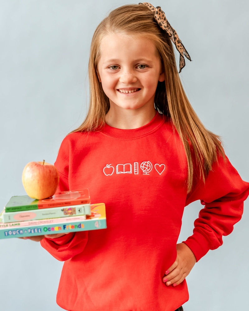 Embroidered Child Sweater - Red w/ White Thread - 5 School Things