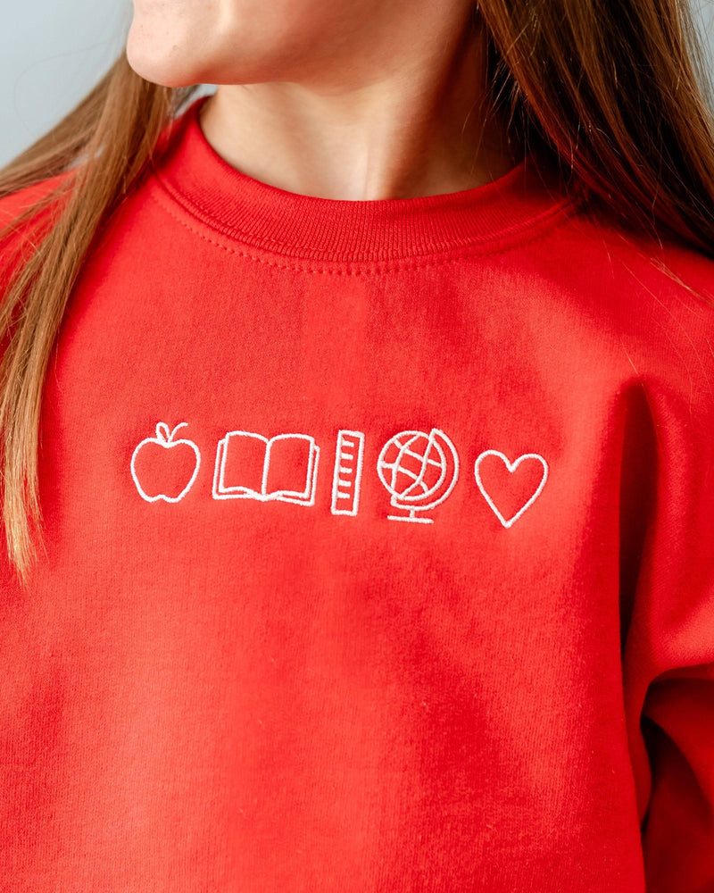 Embroidered Child Sweater - Red w/ White Thread - 5 School Things