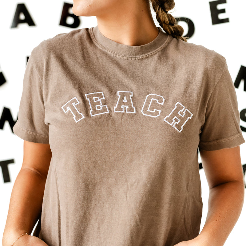 Embroidered Comfort Colors Tee - Teach - (Varsity Outline w/ White Thread)