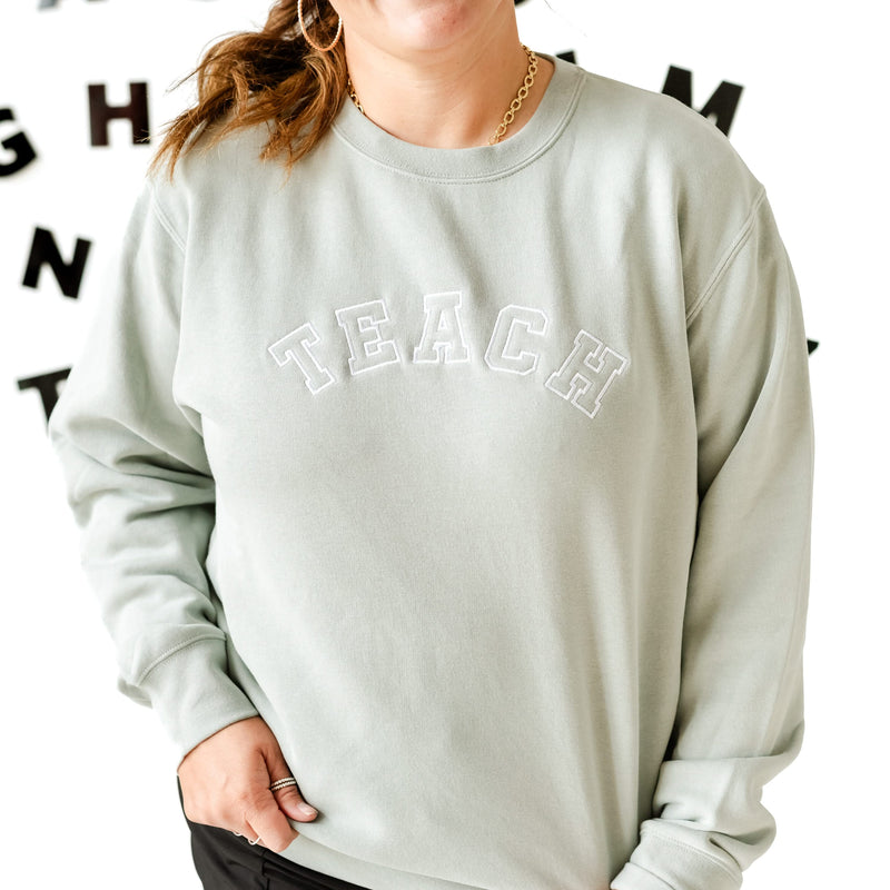 Embroidered PIGMENT Crewneck - TEACH - Varsity Outline w/ White Thread