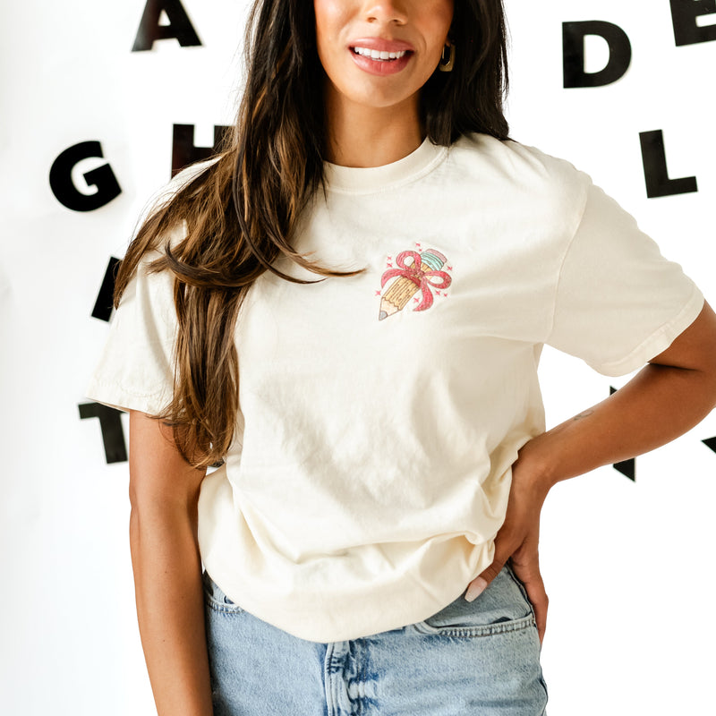 Embroidered Comfort Colors Tee - Pencil with Bow