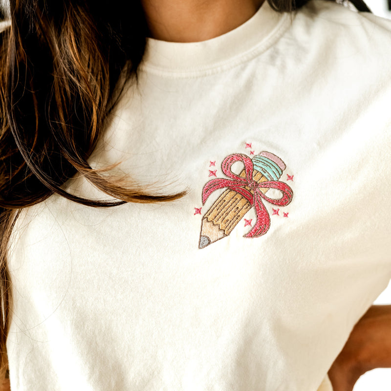Embroidered Comfort Colors Tee - Pencil with Bow