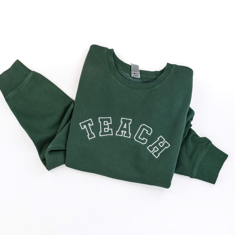 Embroidered PIGMENT Crewneck - TEACH - Varsity Outline w/ White Thread