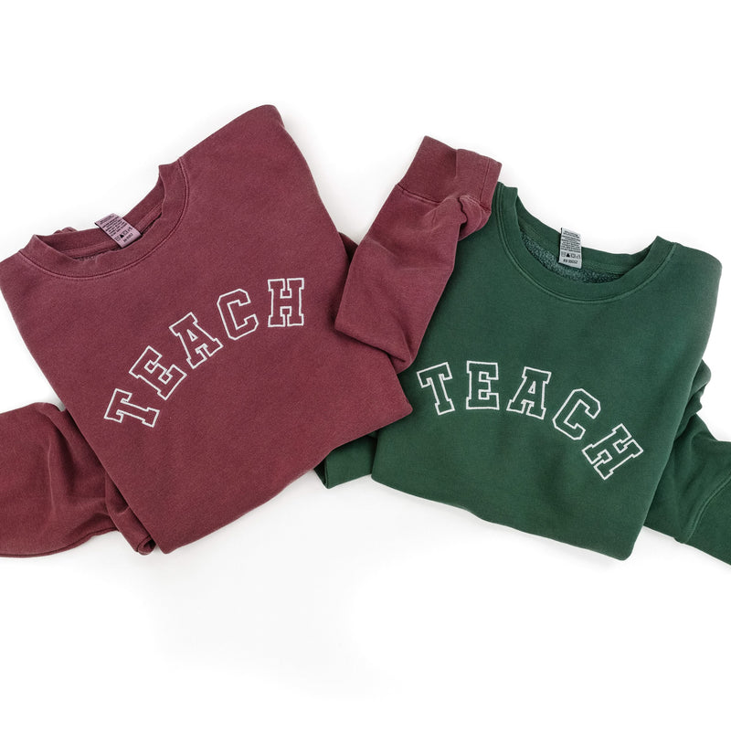Embroidered PIGMENT Crewneck - TEACH - Varsity Outline w/ White Thread