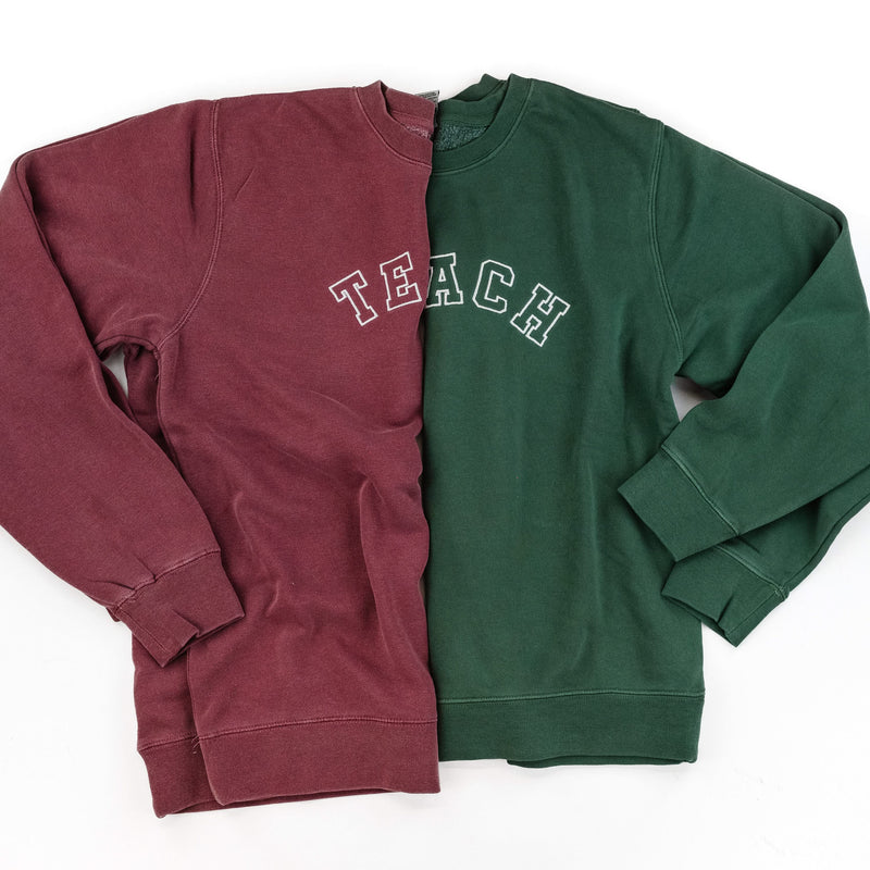 Embroidered PIGMENT Crewneck - TEACH - Varsity Outline w/ White Thread