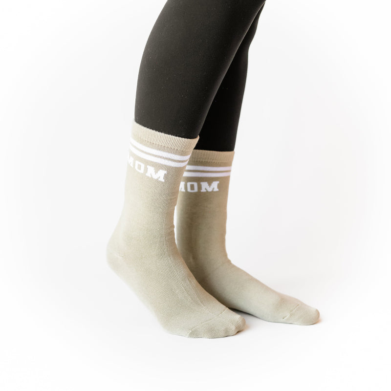 LMSS® VARSITY MOM CREW SOCKS - Tan w/ White Block Font