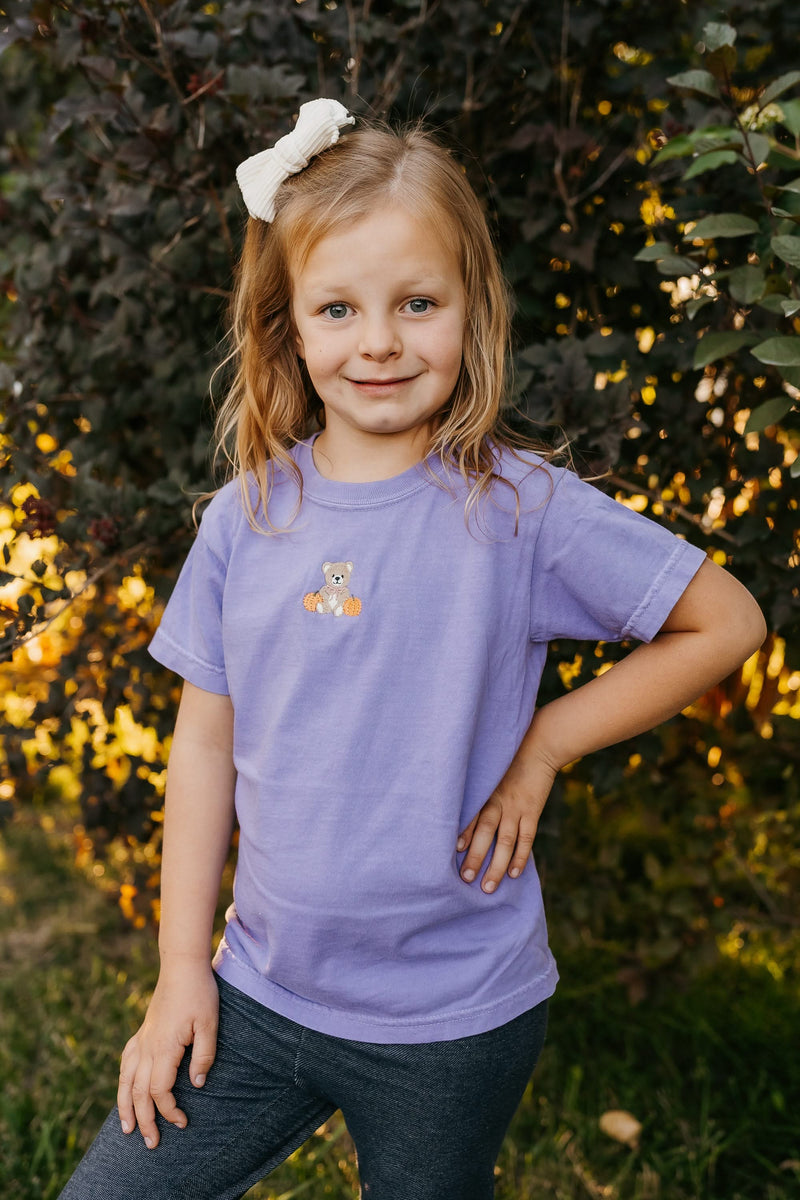 Embroidered YOUTH Comfort Colors Tee - Violet - Fall Teddy Bear (center)