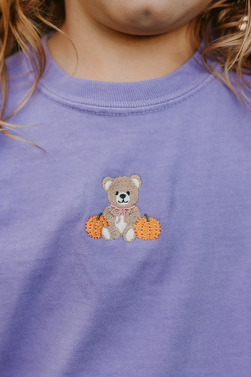 Embroidered YOUTH Comfort Colors Tee - Violet - Fall Teddy Bear (center)