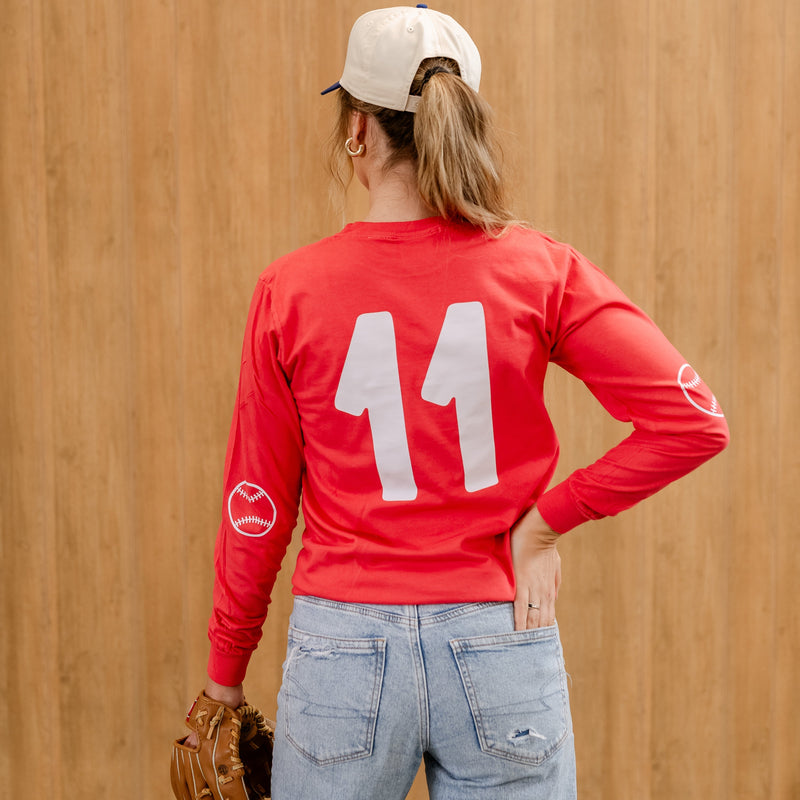 There's No Crying In Baseball (elbows) - Custom Number - LONG SLEEVE Comfort Colors Tee