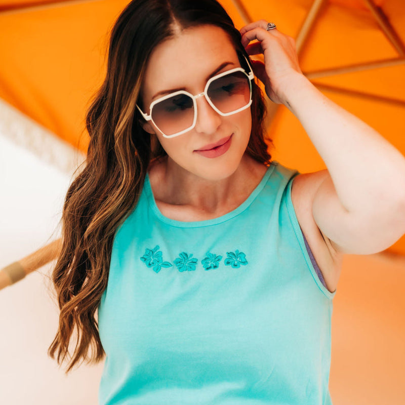 Embroidered Tone on Tone - Comfort Colors TANK - Hibiscus x4 Flowers