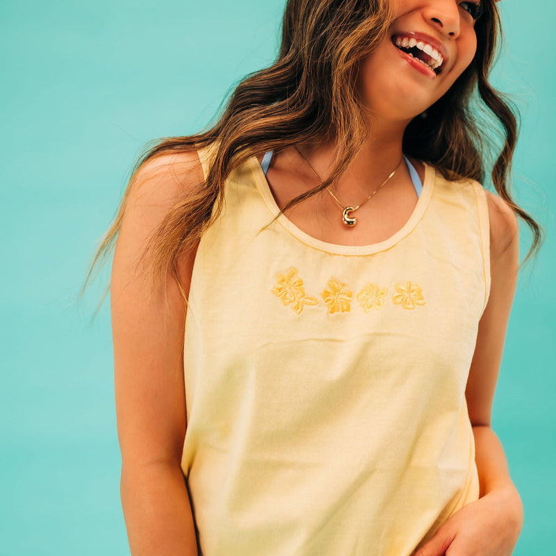 Embroidered Tone on Tone - Comfort Colors TANK - Hibiscus x4 Flowers