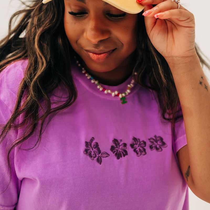 Embroidered Tone on Tone - Comfort Colors Tee - Hibiscus x4 Flowers