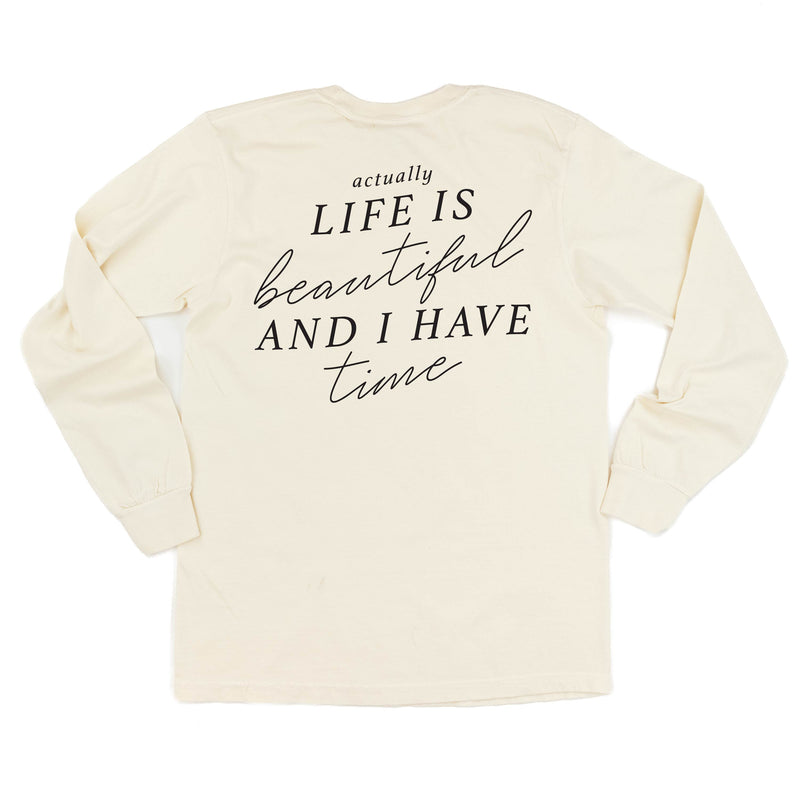 Flower Diamond (Pocket Front) w/ Actually Life is Beautiful and I Have Time (Back) - Long Sleeve Comfort Colors Tee