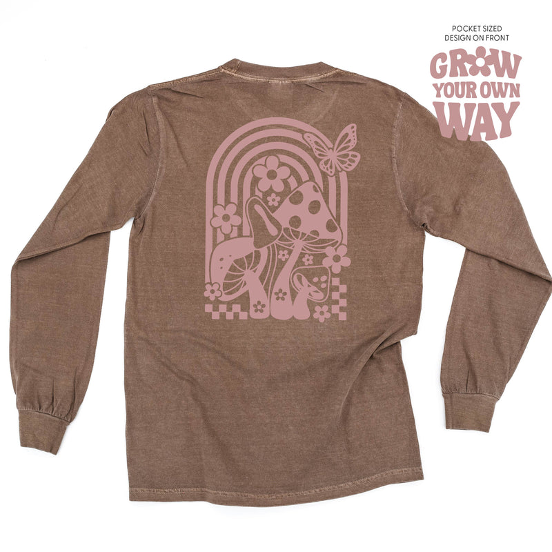 Grow Your Own Way (Pocket Front) w/ Mushrooms on Back - Long Sleeve Comfort Colors Tee