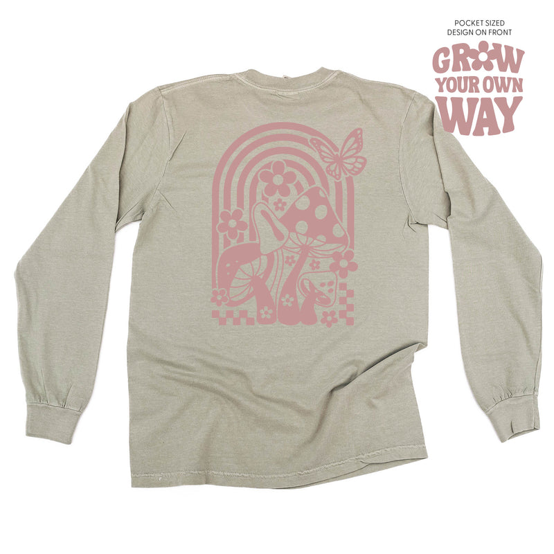 Grow Your Own Way (Pocket Front) w/ Mushrooms on Back - Long Sleeve Comfort Colors Tee