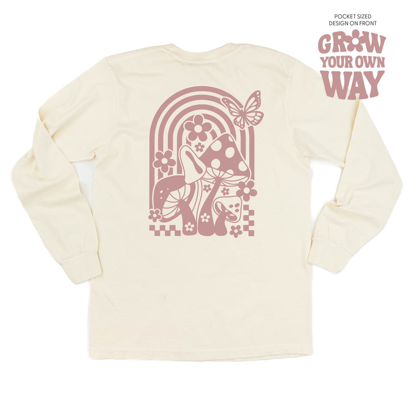 Grow Your Own Way (Pocket Front) w/ Mushrooms on Back - Long Sleeve Comfort Colors Tee