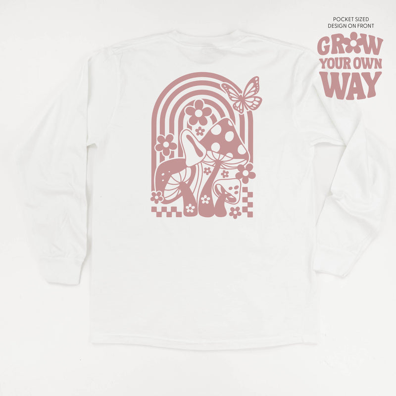 Grow Your Own Way (Pocket Front) w/ Mushrooms on Back - Long Sleeve Comfort Colors Tee