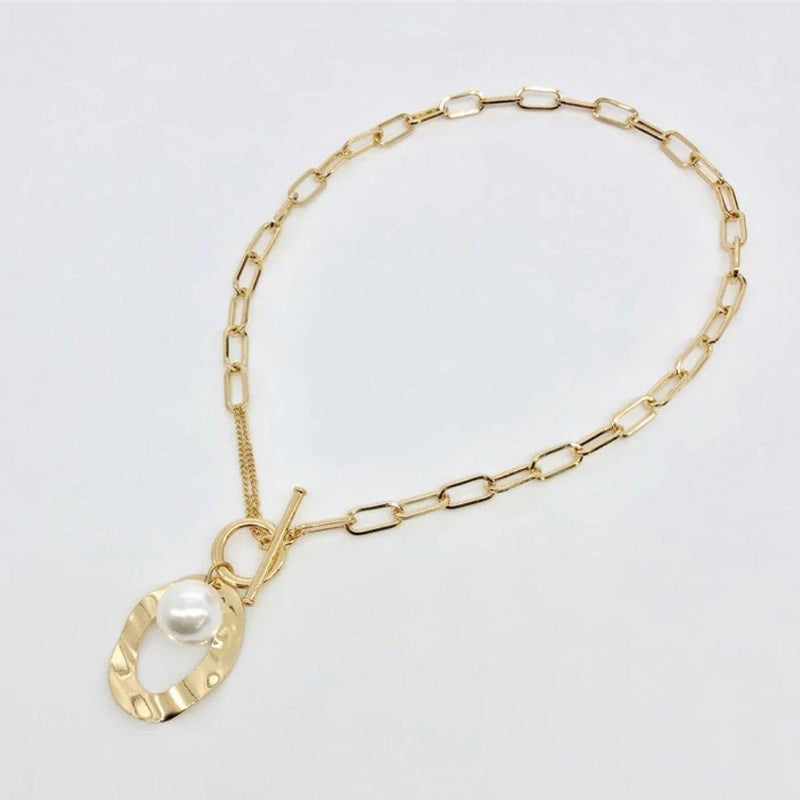 Large Link Necklace with Simulated Pearl
