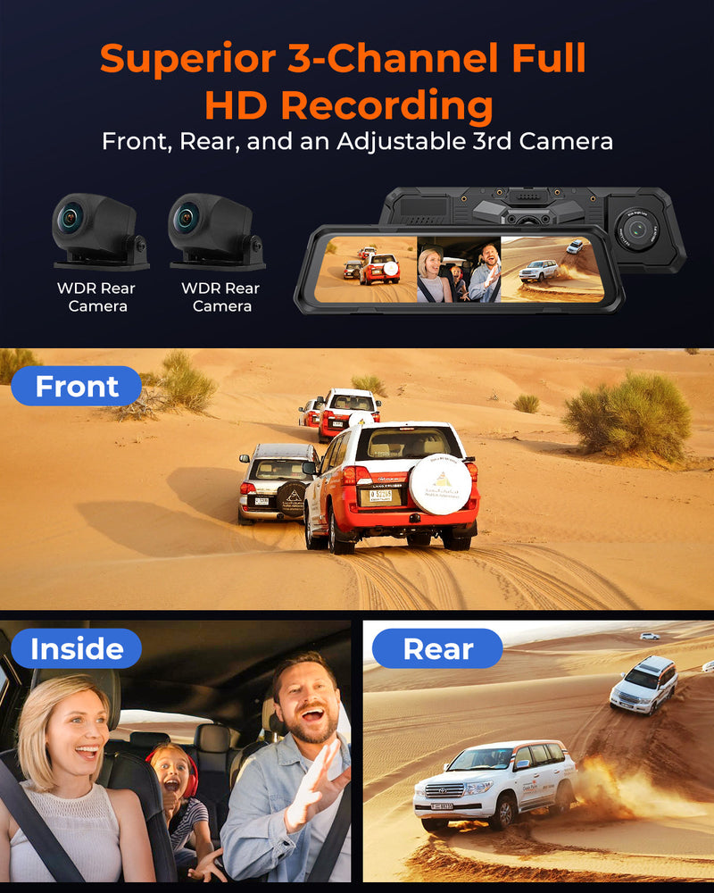The Legend 3ch Waterproof Rear View Mirror Dash Cam with 1080P 60fps Front+ Rear+ Bumper/Cabin Cameras
