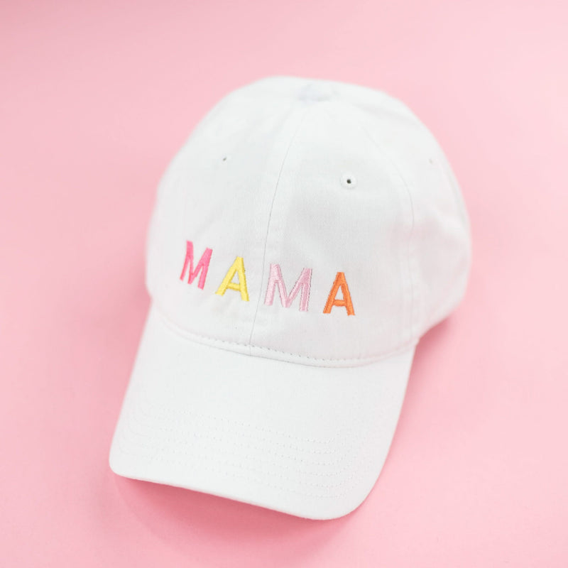 M A M A -  White w/ Multicolor Letters - Adult Baseball Cap