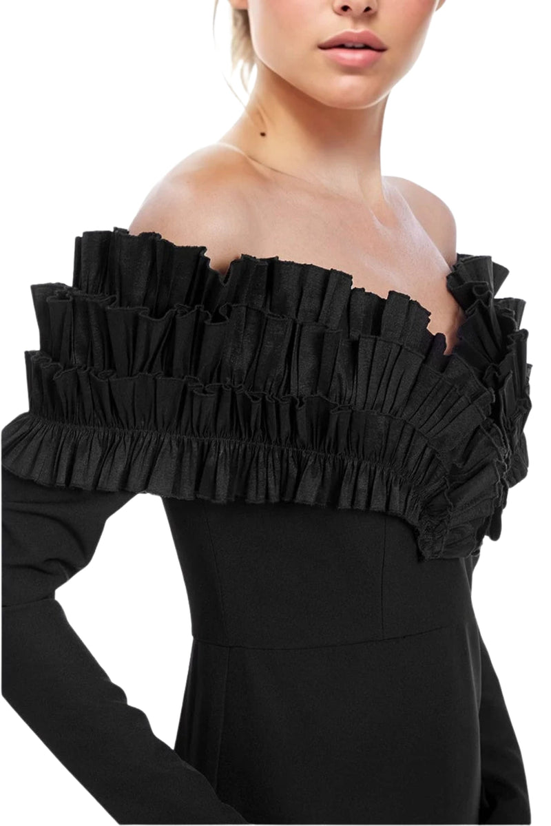 One 33 Social Off-The-Shoulder Neckline Long Sleeves Ruffle Bodice Back Zipper Black Sheath Gown Dress