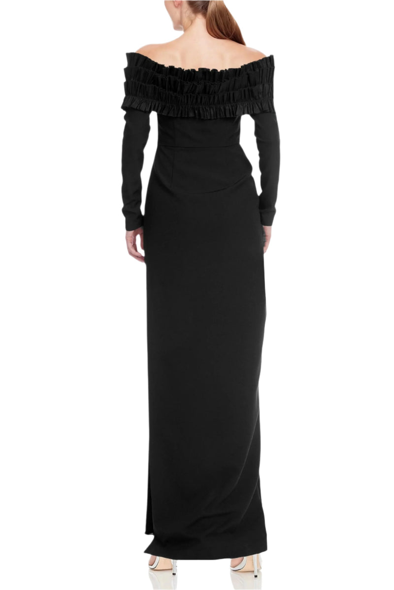 One 33 Social Off-The-Shoulder Neckline Long Sleeves Ruffle Bodice Back Zipper Black Sheath Gown Dress