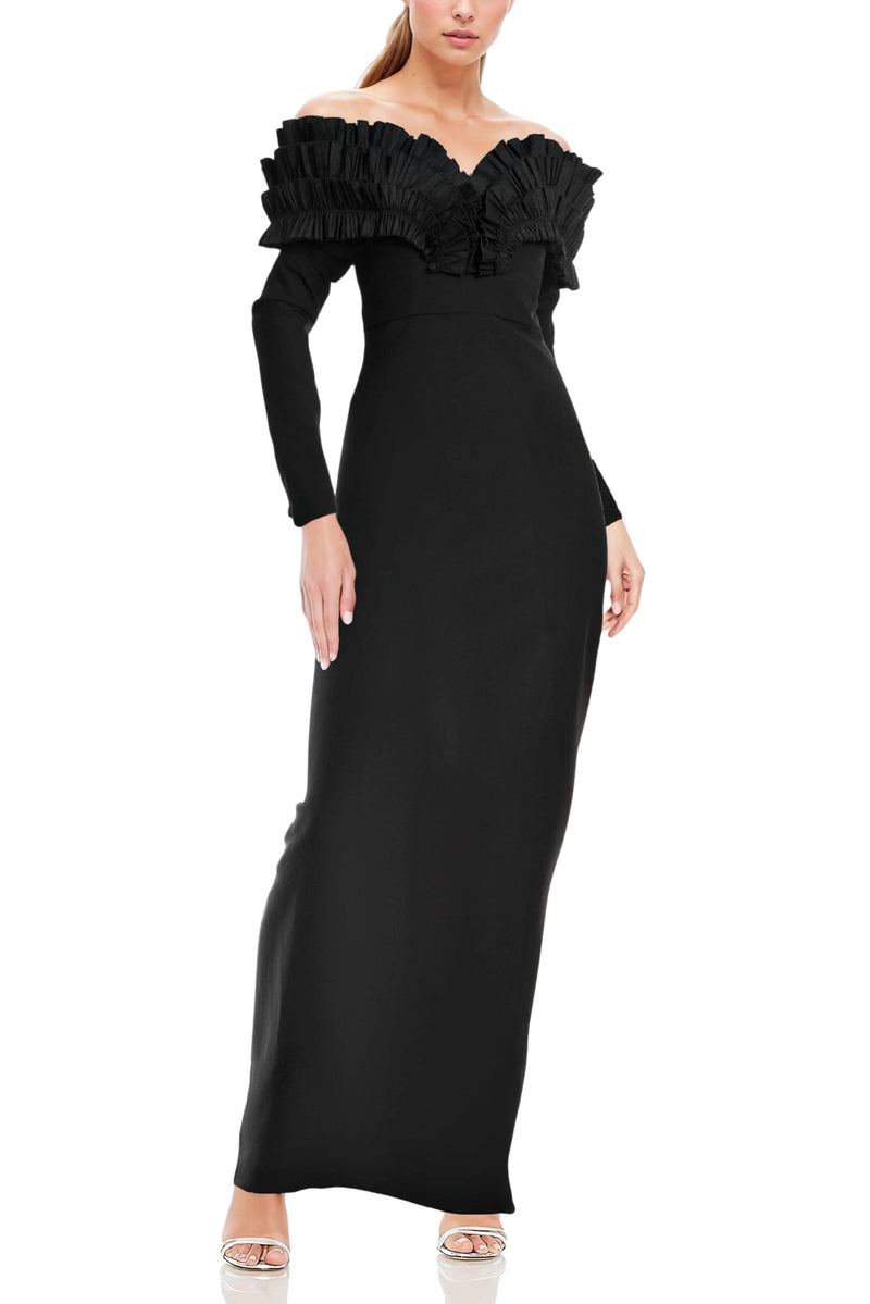 One 33 Social Off-The-Shoulder Neckline Long Sleeves Ruffle Bodice Back Zipper Black Sheath Gown Dress