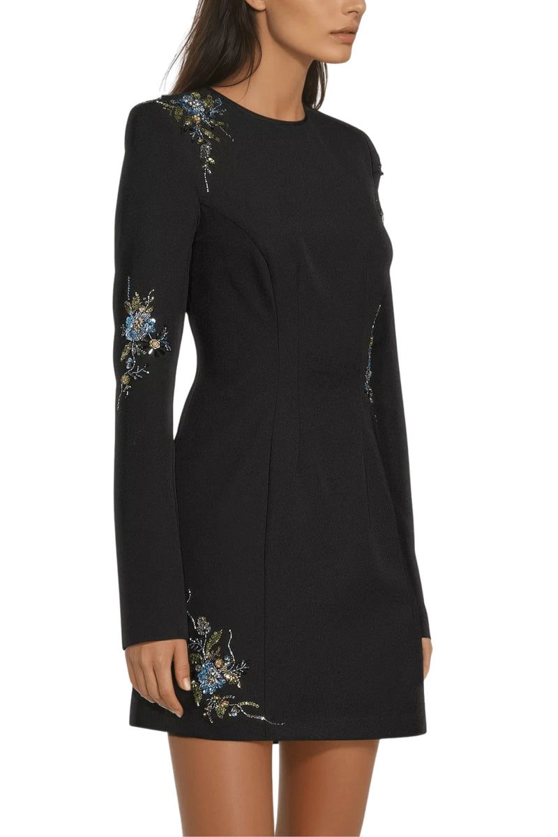 One 33 Social Camryn Crew Neckline Long Sleeves Embellished A-Line Black Mini Dress