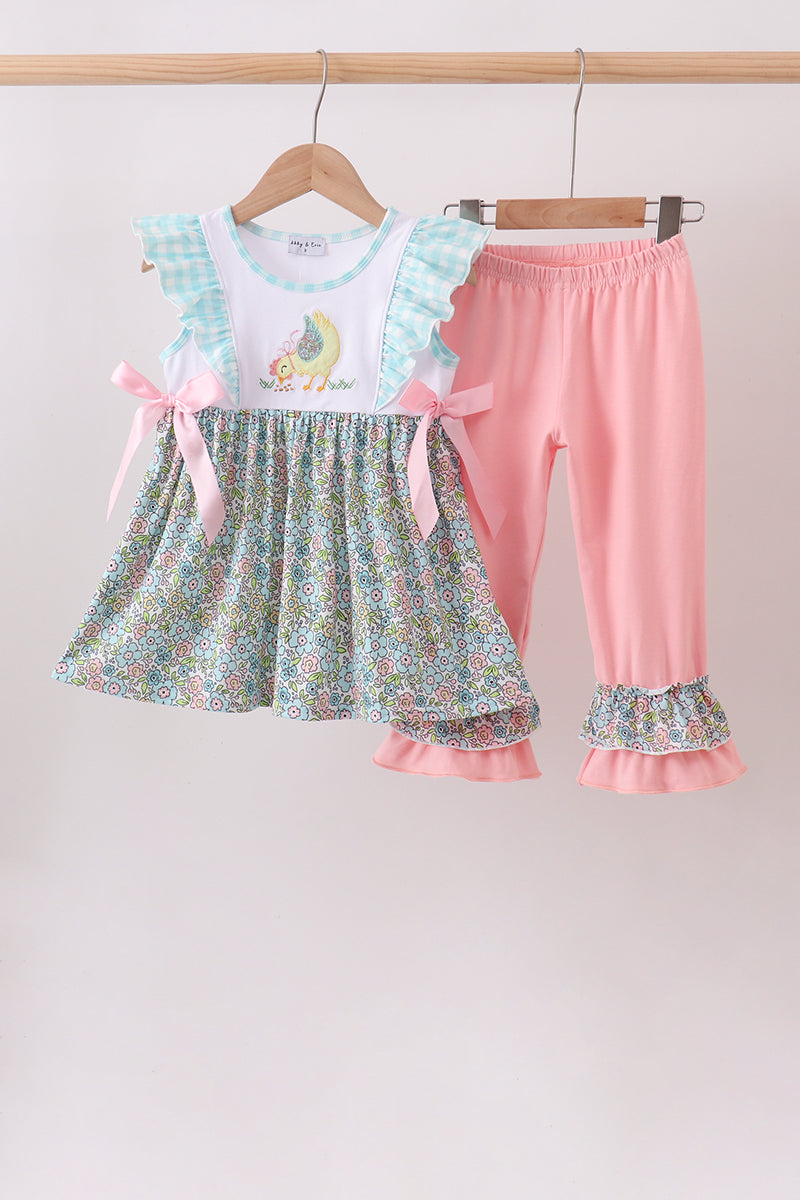 Mint Chicken Applique Ruffle Pants Set