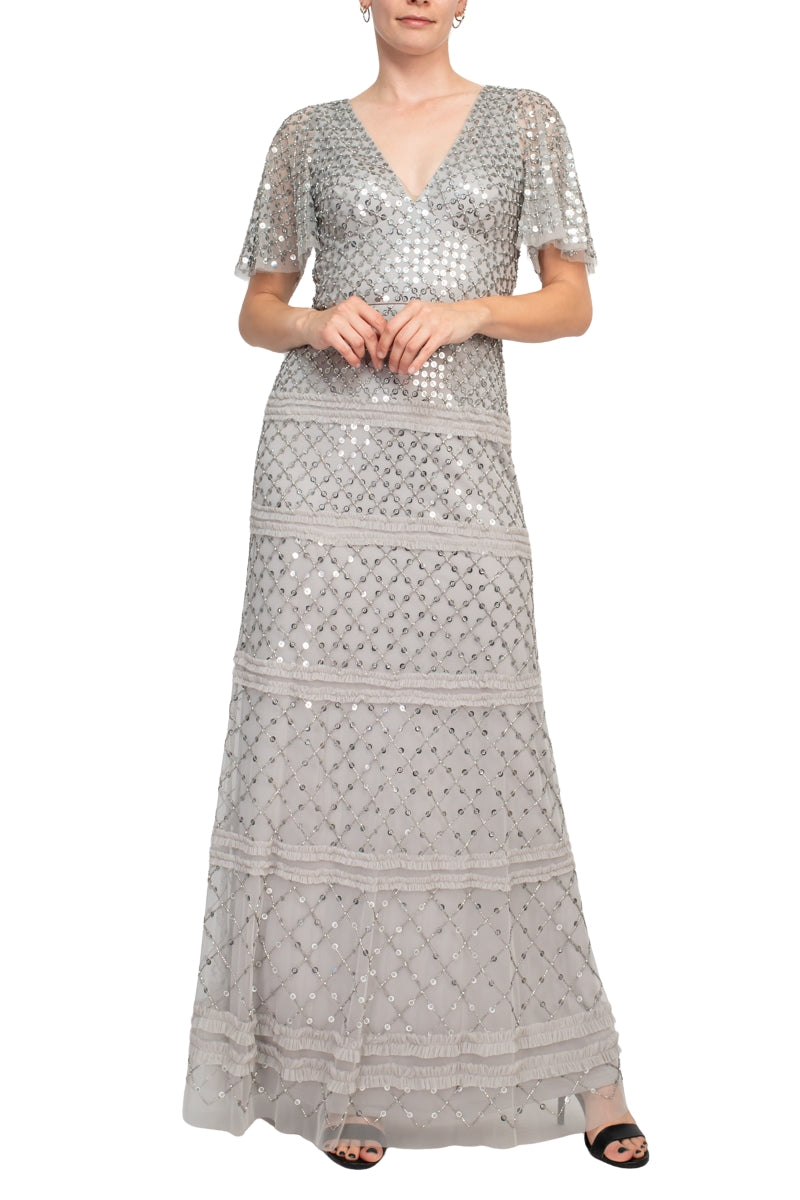 Aidan Mattox V-Neck Short Sleeve Beaded Sequined Piping Detail Zipper Back Mesh Gown