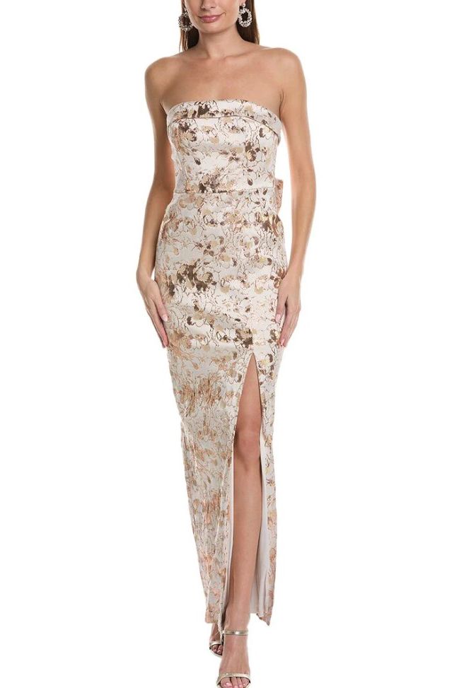 Aidan Mattox Floral Metallic Jacquard Strapless Bow Detail Gown